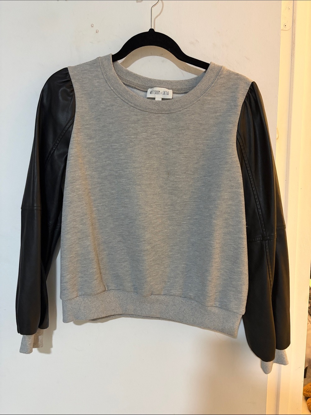 Gray Crewneck Pullover Sweater with Black Faux-Leather Sleeves